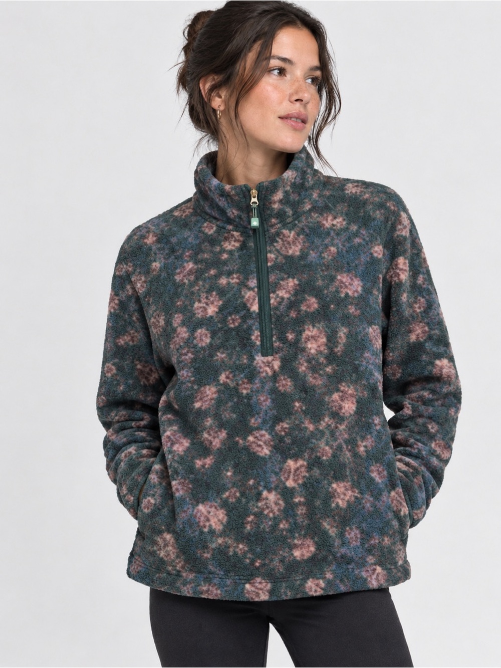 EDDIE BAUER Floral Polar Fleece 1/4 Zip Dark Teal Green + Purple - PLUS SIZE 1X